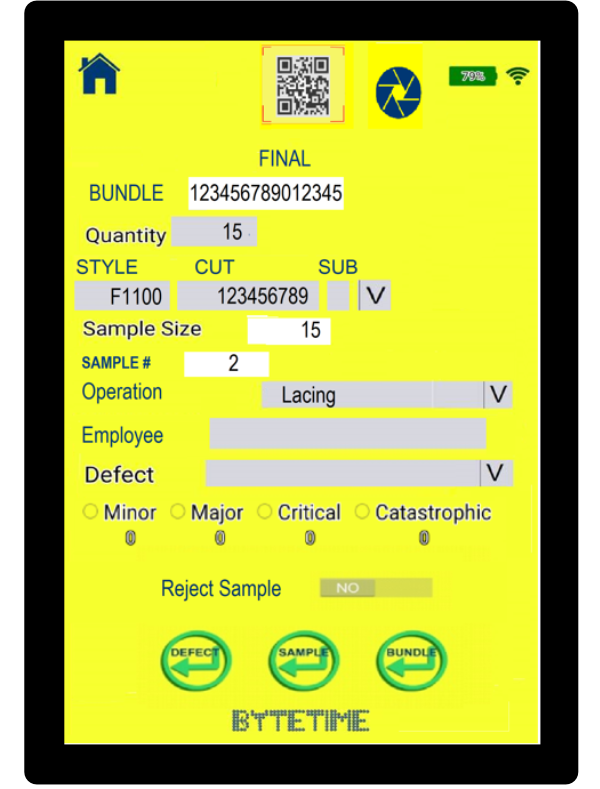 Byte’s Quality Control Solutions takes the mystery and angst out of
your quality control issues. As an add-on package to our BYTETIME
Shop Floor Control System, this software uses wireless technology to
provide a real-time solution that helps reduce administrative time
spent documenting quality problems on the sewing floor.
Our Block Inspection program allows for “final” type inspections to
be done in-line.